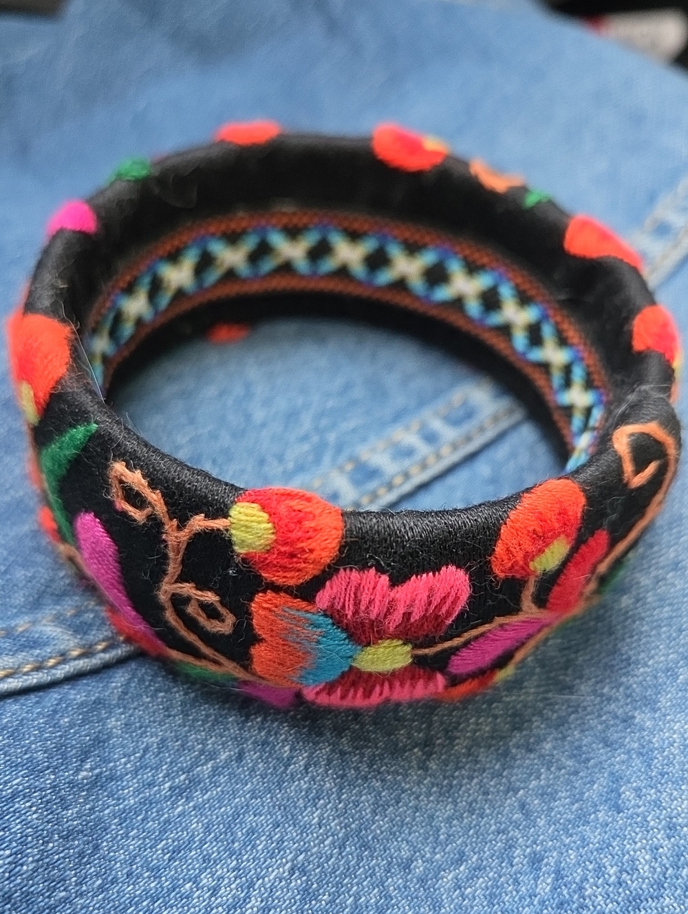 Hand Embroidered Floral Wide Cuff Bangle Bracelet.
